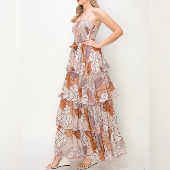 Sleeveless Smocked Tiered Leaf Print Multicolor Maxi Dress - Picture 3 of 5
